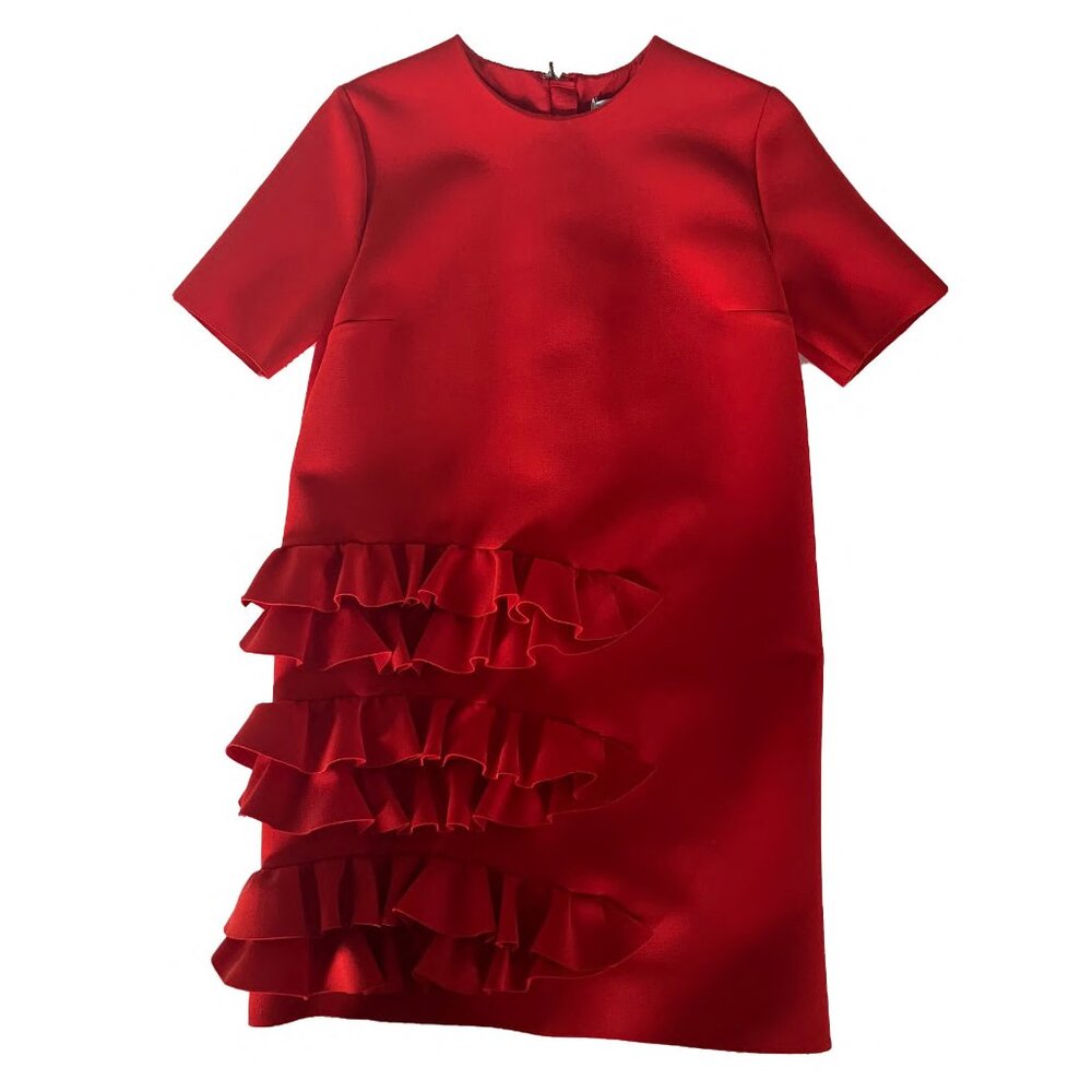 MSGM Ruffle-Front Short-Sleeve Crepe Dress, Red